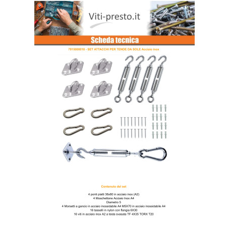 1 x Kit di fissaggio della vela ombreggiante Acciaio Inox