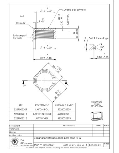 1 x Coprivite Quadrato BORDO Tondo 22 Ottone ETÀ