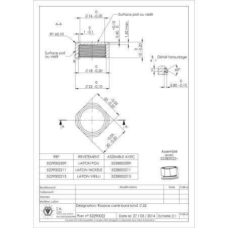 1 x Coprivite Quadrato BORDO Tondo 22 Ottone ETÀ