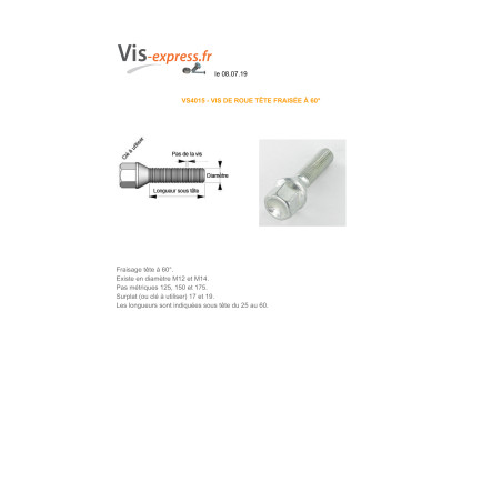 1 x Vite RUOTA M12X33 Passo 150 S/PL17 Classe 10.9 Zincate