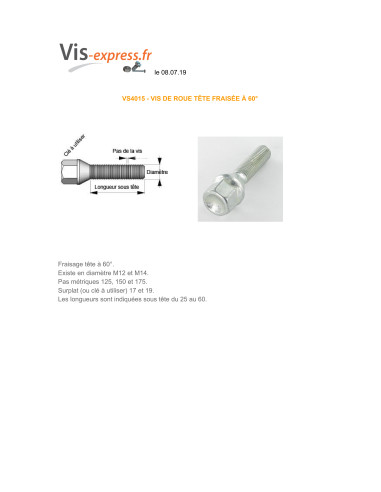 1 x Vite RUOTA M12X31 Passo 125 S/PL19 Classe...