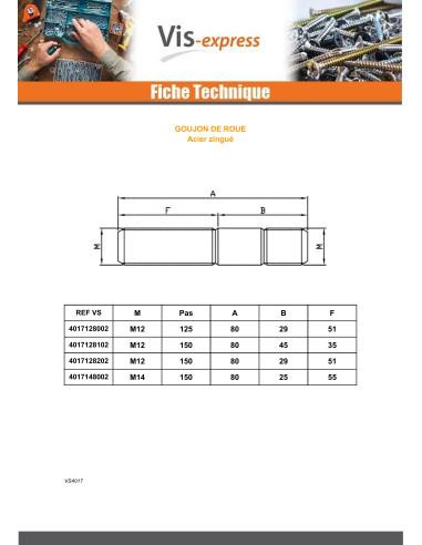 1 x Perno Da RUOTA Zincate M12X80 Filettata Su...