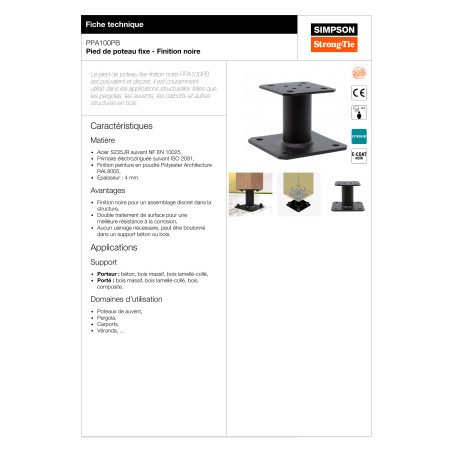 1 x Base de correio fisso SIMPSON Strong Tie 130X130 Ral9005 Nero Intenso