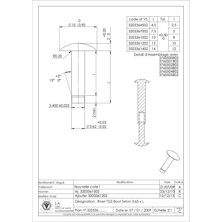 1 x Rivetto Testa Bombata 3,65X12 Circa una tonnellata Tonnellata T Zincate