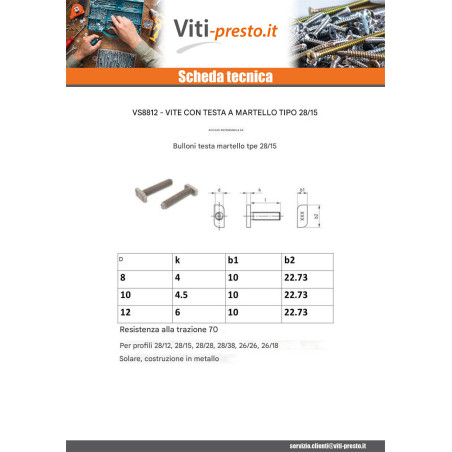 1 x Vite Per Metalli Testa A Martello 10X10X4,5 M10X20 Acciaio Inox A4 per 28/15 profili
