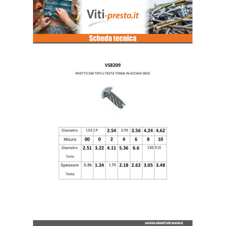 1 x Rivetto Autofilettante Tipo U Testa Poelier Acciaio Inox A2 3,56 X 3/16
