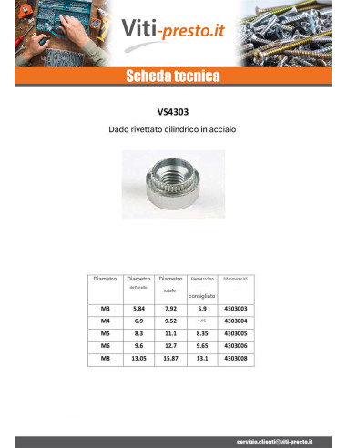 1 x Olivetta Cilindrica M8 Spessore Lamiera 2...