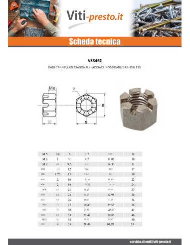 1 x Dado esagonale con SLOT Acciaio Inox A1 M12
