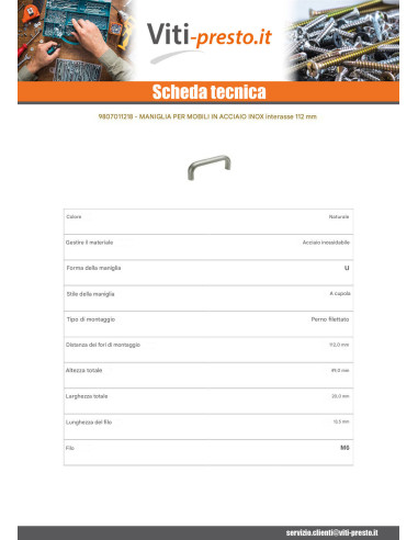 1 x Maniglia Per Mobili Acciaio Inox A2...