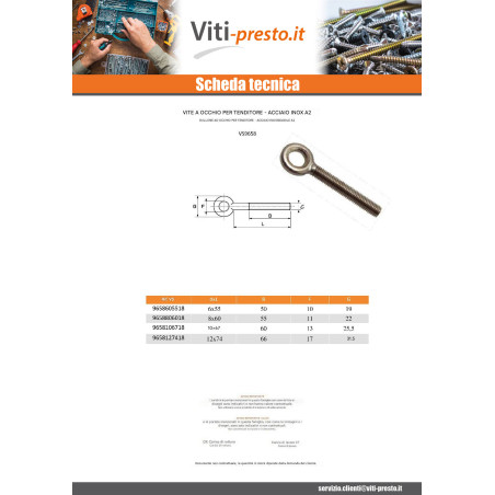 1 x Vite A Occhiello Per Tenditore Occhio 14 Acciaio Inox A4 8X65