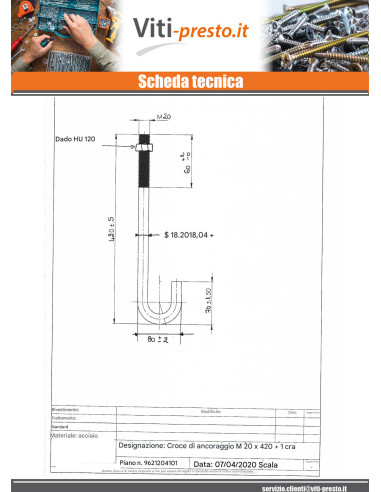 1 x Bullone A J M20X420 + 1 Dado Acciaio Grezzo