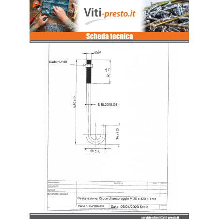 1 x Bullone A J M20X420 + 1 Dado Acciaio Grezzo