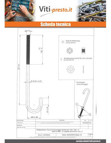 1 x Bullone A J M18X357 Filettata Su 150 +2...