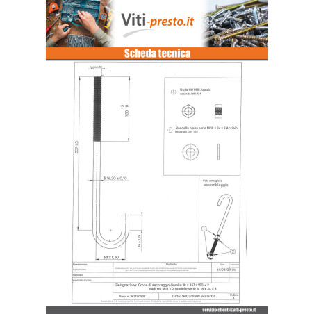 1 x Bullone A J M18X357 Filettata Su 150 +2 Dado +2 Rondella Zincate