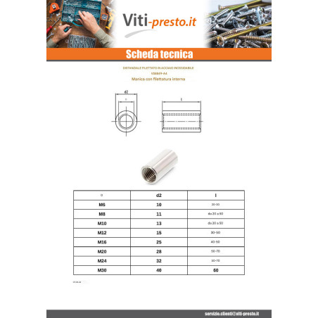 1 x Giunti Cilindrica Filettato M6X25 Acciaio Inox A4