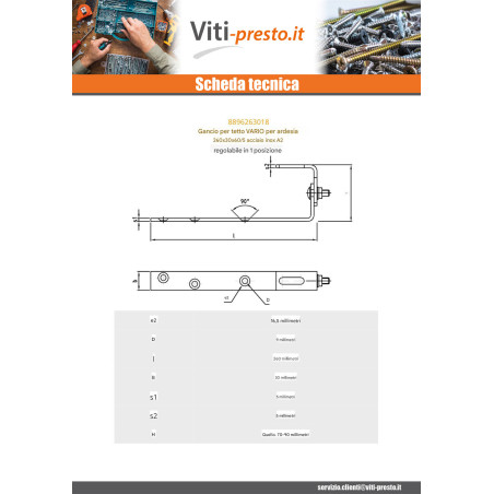 1 x Gancio Da per coperture VARIO 260X30X60 /5 Acciaio Inox A2