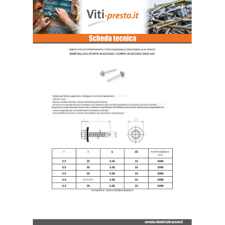 1 x Vite Autoperforante Bimetallo Acciaio / Acciaio Inox A4 Testa Esagonale Rondella Di Tenuta Con Guarnizione In Neoprene