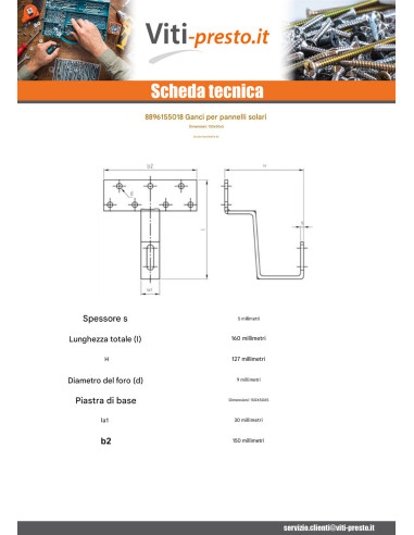 1 x Gancio per pannello solare 150X50X5 Acciaio...
