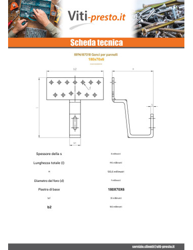 1 x Gancio per pannello solare 180X70X6 Acciaio...