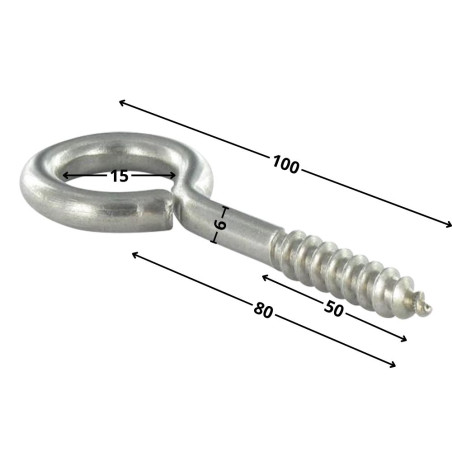 1 x Golfare A Vite Legno 6X80 Filettata Su 50 Lunghezza Totale 100 Occhio 15 Acciaio Inox A2