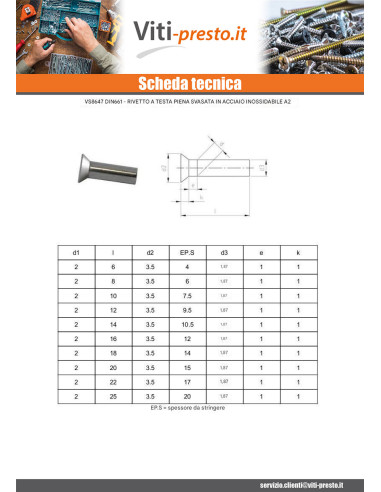 1 x Rivetto Testa Forata Acciaio Inox A2 5X35