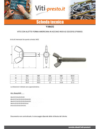 1 x Vite Alette M8X35 Stile Americano Acciaio...