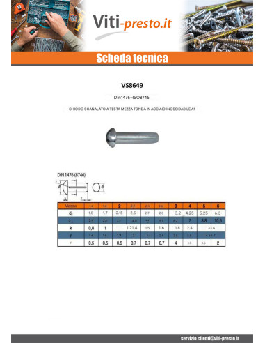 1 x Chiodo Scanalato A Testa Semitonda Acciaio...