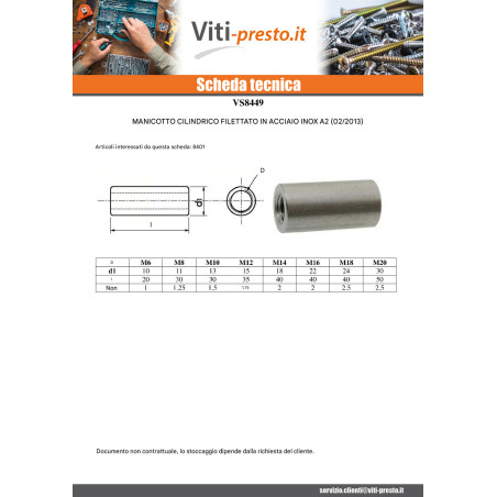 1 x Giunti Cilindrica Filettato M8 11X20 Acciaio Inox A2