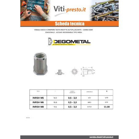 1 x Dado Testa Ridotta SEMI Esagonale M6X15.5 INRSH IN