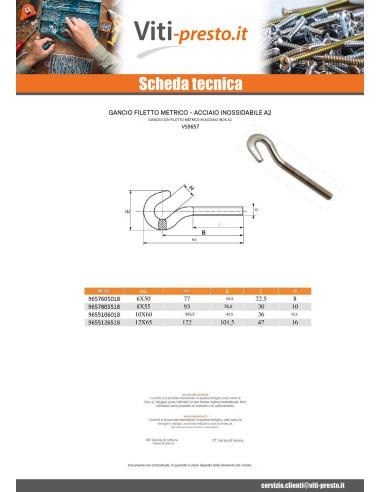 1 x Gancio Con Filettatura Metrica Acciaio Inox...