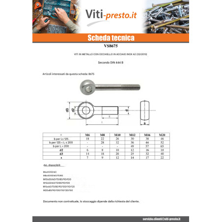 1 x Vite Per Metalli con Occhio M8X50 Occhio 8 Acciaio Inox A2