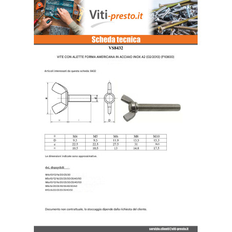 1 x Vite Alette M8X30 Stile Americano Acciaio Inox A2