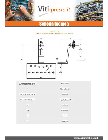 1 x Gancio per pannello solare 180X70X6 /8...