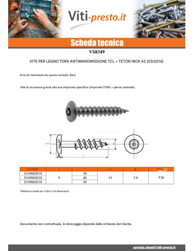 1 x Vite Bandella Di Sicurezza T30 con perno...