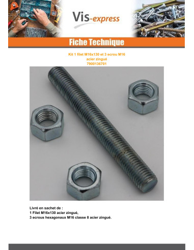 1 x KIT 1 Filetto M16X130 Con 3 Dado M16 Zincate
