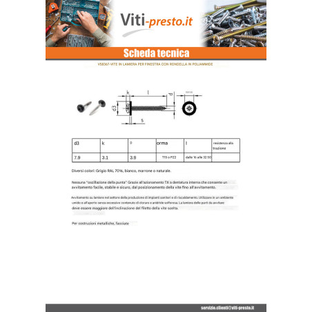 1 x Vite Per Lamiera Testa Cilindrica T15 + Rondella Nylon 3,9X32 Acciaio Inox A2 Ral7016 Grigio Antracite