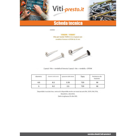 1 x Vite di cresta Testa Forata Bombata T20 Acciaio Inox A2 4,5X30 Rondella Di Tenuta Con Guarnizione In Neoprene Epdm 3P