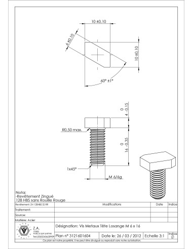 1 x Vite Per Metalli Testa Rombo M6X16 Zincate...