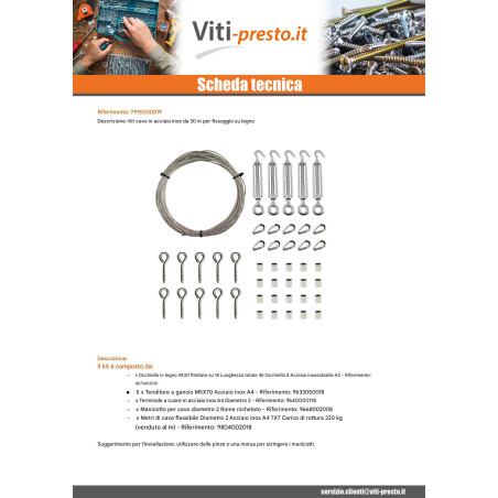 1 x Kit di 30 metri di cavo in acciaio inox diametro 2