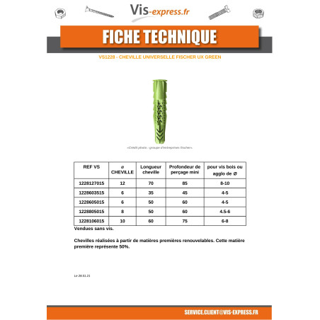 1 x Tassello Fischer UX VERDE 8X50