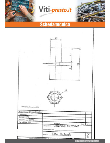1 x Inserto Esagonale Bicromato 8X20 M5 In Piano 8