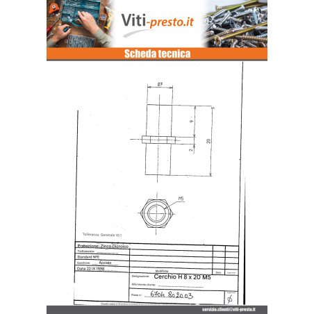 1 x Inserto Esagonale Bicromato 8X20 M5 In Piano 8