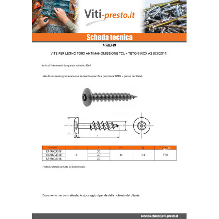 1 x Vite Bandella Di Sicurezza T30 con perno 6X50 Acciaio Inox A2