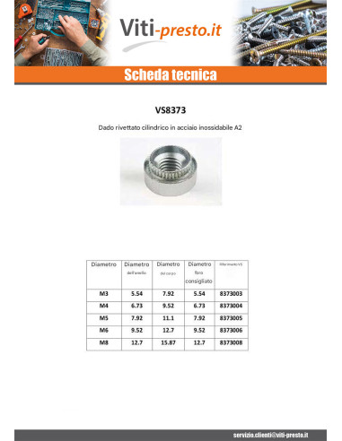 1 x Olivetta Cilindrica M8 Spessore Lamiera 20...