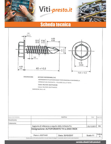 1 x Vite Autoperforante Testa Esagonale 6,3X40...