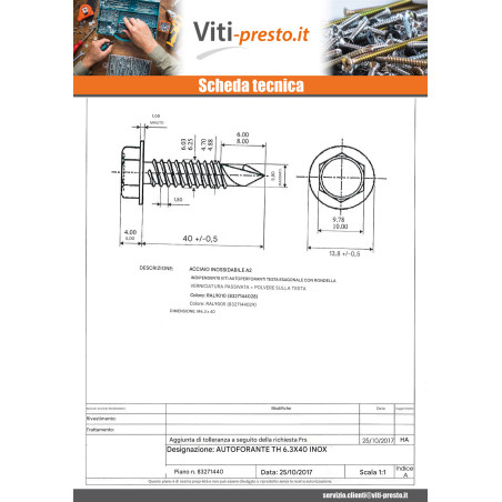 1 x Vite Autoperforante Testa Esagonale 6,3X40 Acciaio Inox A2 Ral9005 Nero Intenso