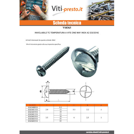 1 x Vite Per Lamiera Di Sicurezza Testa Cilindrica ONE WAY 6,3X75 Acciaio Inox A2