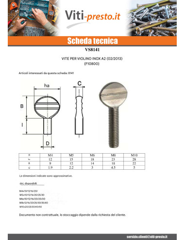 1 x Vite VIOLINO M6X16 Acciaio Inox A2