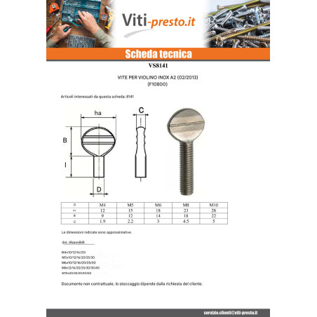 1 x Vite VIOLINO M6X16 Acciaio Inox A2