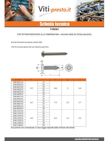 1 x Vite Per Lamiera Di Sicurezza Acciaio Inox...